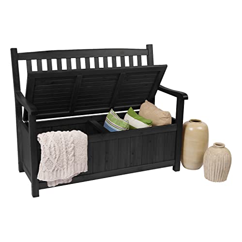 Shine Company 4219BK Ashton Outdoor Wooden Storage Bench | 2 Person Large Storage Porch Patio Bench for Indoor/Outdoor – Black