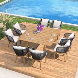 purple leaf 9 pieces outdoor metal furniture set patio conversation sets wood pattern dining set, 1 dining table and 8 modern chairs with cushions seat