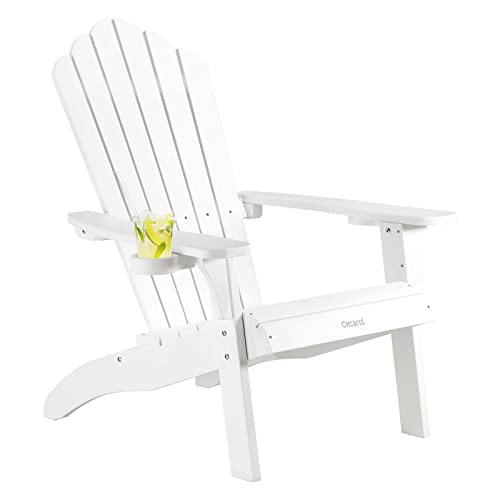 Cecarol Normal Size Adirondack Chair, Poly Lumber Comfortable Patio Fire Pit Chair with 2 Cup Holder, 385lbs Capacity, All Weather Resistant and Durable Chair for Indoor, Outdoor, Garden, White-AC01S