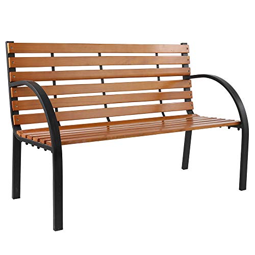 YYAO Garden Bench Love Seat Outdoor Patio Bench Metal Bench Park Bench with Backrest & Armrests,Hardwood Patio Furniture Bench for Porch Work Entryway Yard Lawn,Brown