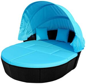 aty outdoor rattan round daybed sunbed with retractable canopy, all-weather wicker furniture sectional sofa set w/washable cushions for backyard,porch, blue