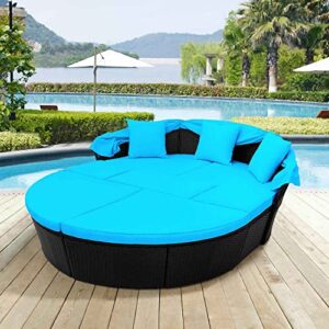 ATY Outdoor Rattan Round Daybed Sunbed with Retractable Canopy, All-Weather Wicker Furniture Sectional Sofa Set w/Washable Cushions for Backyard,Porch, Blue