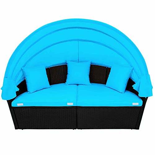 ATY Outdoor Rattan Round Daybed Sunbed with Retractable Canopy, All-Weather Wicker Furniture Sectional Sofa Set w/Washable Cushions for Backyard,Porch, Blue