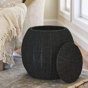 Household Essentials, Black Handwoven Paper Rope Barrel Wicker Storage Basket Side Table
