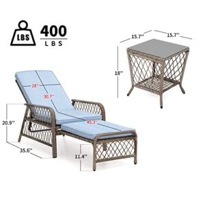 Olmia Chase Lounge Chair Outdoor Set of 3 with Glass Table, 3 Piece Outdoor Chaise Lounge Wicker Rattan Patio Lounger Chairs 5 Position with Cushions,Retractable Foot-Rest - Steel Frame