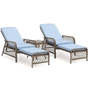 olmia chase lounge chair outdoor set of 3 with glass table, 3 piece outdoor chaise lounge wicker rattan patio lounger chairs 5 position with cushions,retractable foot-rest – steel frame