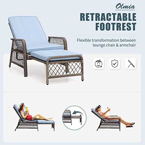 Olmia Chase Lounge Chair Outdoor Set of 3 with Glass Table, 3 Piece Outdoor Chaise Lounge Wicker Rattan Patio Lounger Chairs 5 Position with Cushions,Retractable Foot-Rest - Steel Frame