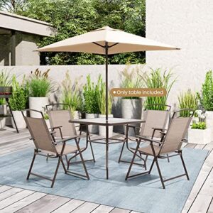 Crestlive Products Patio Dining Table, Outdoor Square Table with Umbrella Hole for 4 Persons, Tempered Glass Metal Bistro Table for Lawn, Deck, Backyard, Garden (Brown)