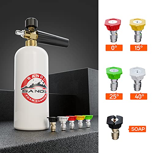 SANOL Foam Cannon with 1/4 Quick Connect for Pressure Washer Gun and Wand with 1L Bottle 5 Pressure Washer Nozzle Tips