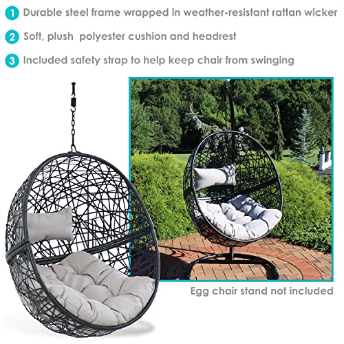 Sunnydaze Jackson Hanging Egg Chair - Resin Wicker - Modern All-Weather Construction - Outdoor Lounging Chair - Large Basket Style with Removable Gray Cushions