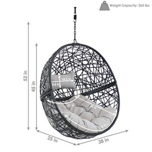 Sunnydaze Jackson Hanging Egg Chair - Resin Wicker - Modern All-Weather Construction - Outdoor Lounging Chair - Large Basket Style with Removable Gray Cushions