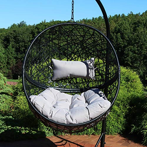 Sunnydaze Jackson Hanging Egg Chair - Resin Wicker - Modern All-Weather Construction - Outdoor Lounging Chair - Large Basket Style with Removable Gray Cushions