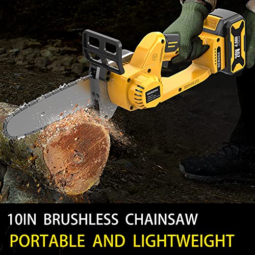 Weikeisa 10''Handheld Brushless Cordless Chainsaw,Power Chain Saws for Gardening Wood Cutting Tree Trimming,20v 4.0Ah Rechargeable Battery Powered Pruning Saw ,With 2 Battery,Quick Charger, 2 Chains