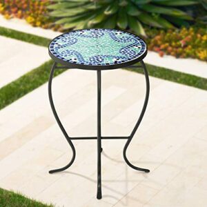 teal island designs ocean wave modern industrial black iron metal round outdoor accent side table 14″ wide light green mosaic tile tabletop gracefully curved legs for porch patio house balcony deck