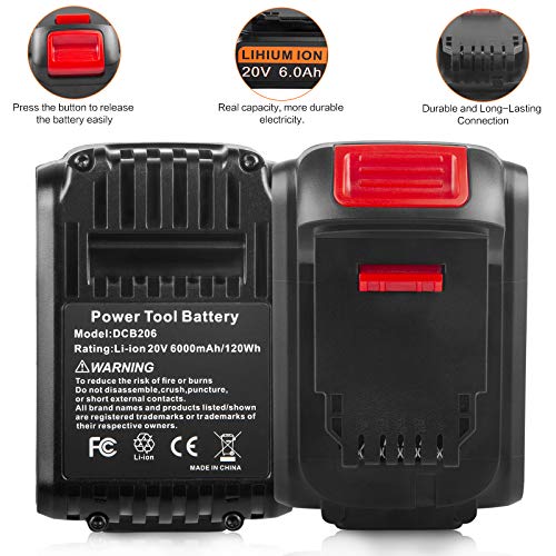 ARyee 6000mAh Battery Replacement for Dewalt 20 Volt MAX Lithium Ion Battery DCB205 DCB200 DCB206 DCB206-2 DCB204 DCB204BT-2 DCB203 DCB201 with LED Indicator (1)