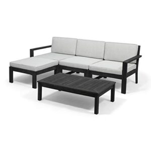 great deal furniture makayla ana outdoor 3 seater acacia wood sofa sectional with cushions, dark gray and light gray