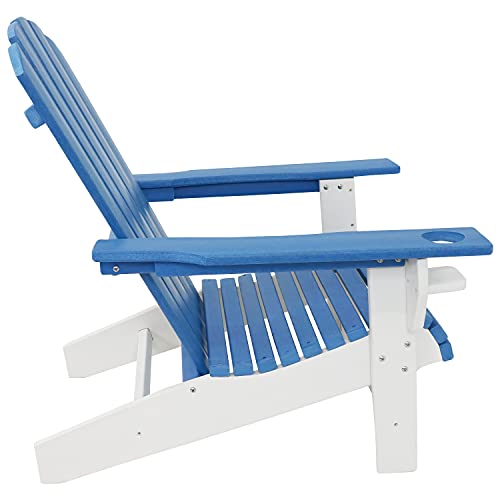 Sunnydaze All-Weather Blue/White Outdoor Adirondack Chairs with Drink Holders - Set of 2 - Heavy Duty HDPE Weatherproof Patio Chair - Ideal for Lawn, Garden, and Around The Firepit