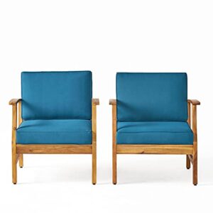 christopher knight home perla outdoor acacia wood club chairs with water resistant cushions, 2-pcs set, teak finish / blue