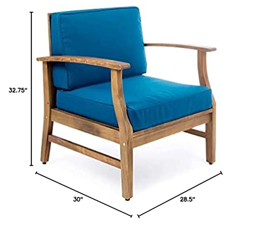 Christopher Knight Home Perla Outdoor Acacia Wood Club Chairs with Water Resistant Cushions, 2-Pcs Set, Teak Finish / Blue