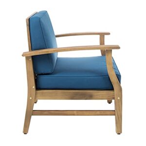 Christopher Knight Home Perla Outdoor Acacia Wood Club Chairs with Water Resistant Cushions, 2-Pcs Set, Teak Finish / Blue