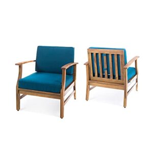 Christopher Knight Home Perla Outdoor Acacia Wood Club Chairs with Water Resistant Cushions, 2-Pcs Set, Teak Finish / Blue