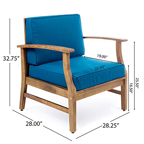 Christopher Knight Home Perla Outdoor Acacia Wood Club Chairs with Water Resistant Cushions, 2-Pcs Set, Teak Finish / Blue