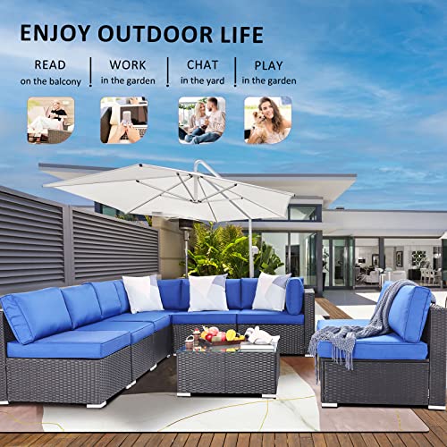 SUNVIVI OUTDOOR Patio Couch, 2 Piece Wicker Outdoor Sectional Sofa with Removable Navy Blue Cushions, Extra Armless Sofa Furniture