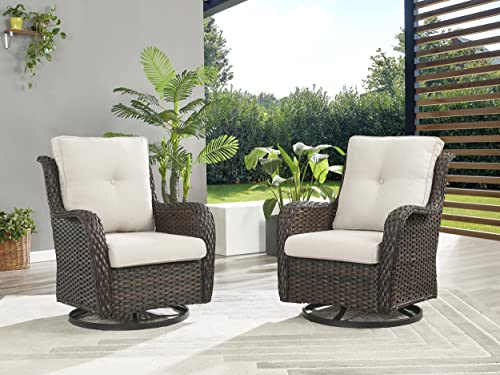 Rilyson Wicker Rocking Chair Swivel Chairs - 2 Piece Rocker Patio Chairs Set Rattan Rocking Chair for Outdoor Porch Deck Garden Backyard (Brown/Beige)