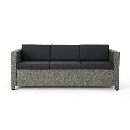 Christopher Knight Home Puerta Outdoor Wicker 3-Seater Sofa, Mix Black / Dark Grey Cushion