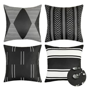 Adabana Set of 4 Outdoor Waterproof Throw Pillow Covers 18x18 Boho Decorative Pillows Case for Patio Furniture Garden(Black-Geometric)