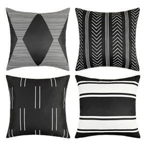 Adabana Set of 4 Outdoor Waterproof Throw Pillow Covers 18x18 Boho Decorative Pillows Case for Patio Furniture Garden(Black-Geometric)