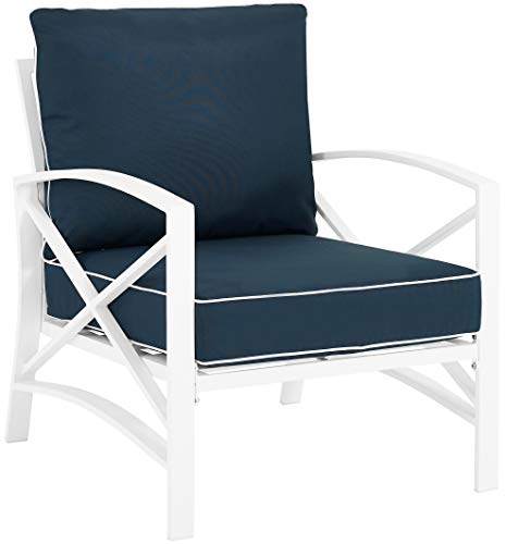 Crosley Furniture KO60007WH-NV Kaplan Outdoor Metal Arm Chair, White with Navy Cushions