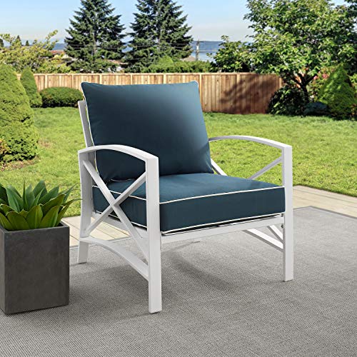 Crosley Furniture KO60007WH-NV Kaplan Outdoor Metal Arm Chair, White with Navy Cushions