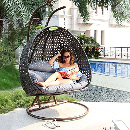 Island Gale® Luxury 2 Person Outdoor, Patio, Hanging Wicker Swing Chair 🎄🎄🎄🎄🎄🎄🎄🎄🎄🎄🎄🎄 ((2 Person) X-Large-Plus, Charcoal Rattan/Charcoal Cushion with Free Cover $128 Value)