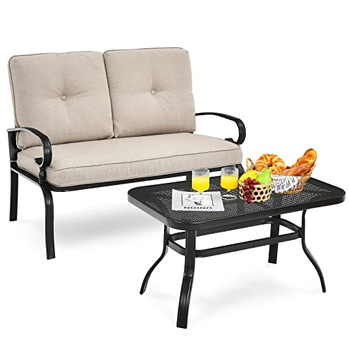 Giantex Patio Loveseat with Coffee Table Outdoor Bench with Cushion and Metal Frame, Loveseat Porch Furniture Set Sofa for Garden, Yard, Patio or Poolside (Light Beige & Black)