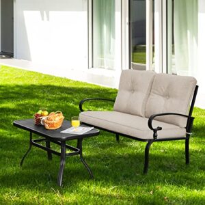 Giantex Patio Loveseat with Coffee Table Outdoor Bench with Cushion and Metal Frame, Loveseat Porch Furniture Set Sofa for Garden, Yard, Patio or Poolside (Light Beige & Black)