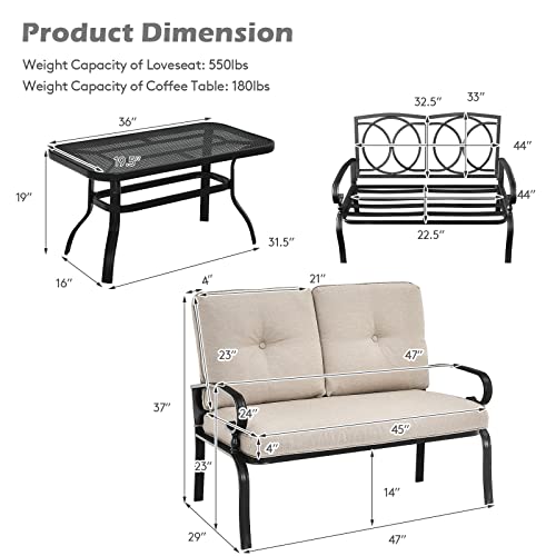 Giantex Patio Loveseat with Coffee Table Outdoor Bench with Cushion and Metal Frame, Loveseat Porch Furniture Set Sofa for Garden, Yard, Patio or Poolside (Light Beige & Black)