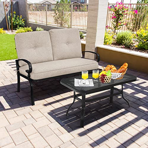 Giantex Patio Loveseat with Coffee Table Outdoor Bench with Cushion and Metal Frame, Loveseat Porch Furniture Set Sofa for Garden, Yard, Patio or Poolside (Light Beige & Black)