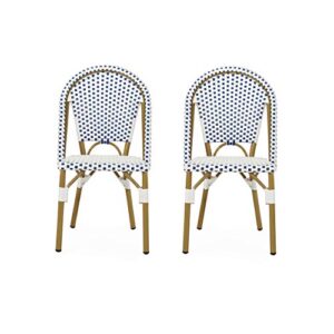 christopher knight home philomena outdoor french bistro chair (set of 2), blue + white + bamboo print finish