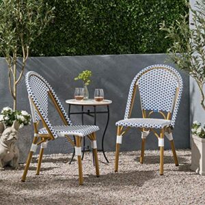 Christopher Knight Home Philomena Outdoor French Bistro Chair (Set of 2), Blue + White + Bamboo Print Finish