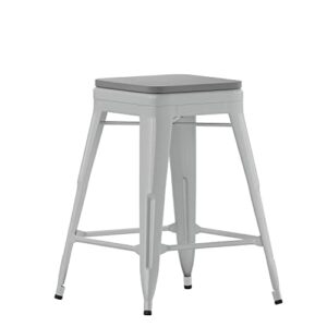 flash furniture cierra 4 pack commercial indoor counter height stools – silver galvanized steel frame – gray all-weather poly resin seat – 24″ high – backless
