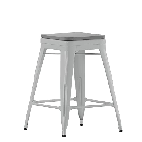 Flash Furniture Cierra 4 Pack Commercial Indoor Counter Height Stools - Silver Galvanized Steel Frame - Gray All-Weather Poly Resin Seat - 24" High - Backless