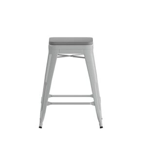 Flash Furniture Cierra 4 Pack Commercial Indoor Counter Height Stools - Silver Galvanized Steel Frame - Gray All-Weather Poly Resin Seat - 24" High - Backless