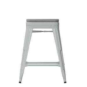 Flash Furniture Cierra 4 Pack Commercial Indoor Counter Height Stools - Silver Galvanized Steel Frame - Gray All-Weather Poly Resin Seat - 24" High - Backless