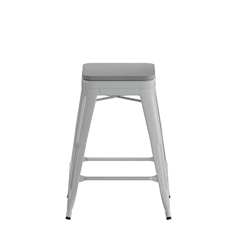 Flash Furniture Cierra 4 Pack Commercial Indoor Counter Height Stools - Silver Galvanized Steel Frame - Gray All-Weather Poly Resin Seat - 24" High - Backless