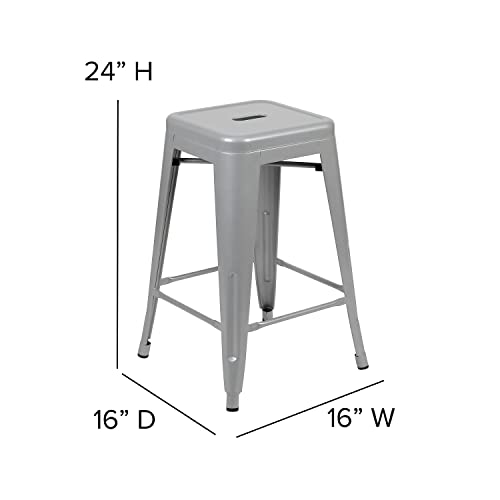 Flash Furniture Cierra 4 Pack Commercial Indoor Counter Height Stools - Silver Galvanized Steel Frame - Gray All-Weather Poly Resin Seat - 24" High - Backless