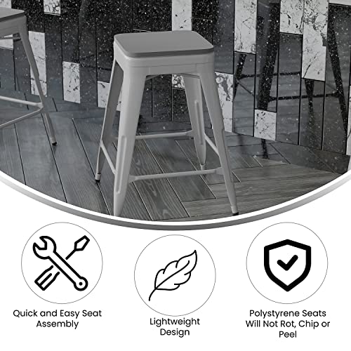 Flash Furniture Cierra 4 Pack Commercial Indoor Counter Height Stools - Silver Galvanized Steel Frame - Gray All-Weather Poly Resin Seat - 24" High - Backless