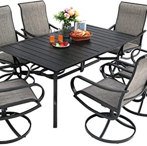 MEOOEM Patio Dining Set of 7, Outdoor 6 High Back Swivel Rock Chairs with Arms and 63 inch Rectangle Dining Table with 1.57" Umbrella Hole for Backyard Garden Bistro