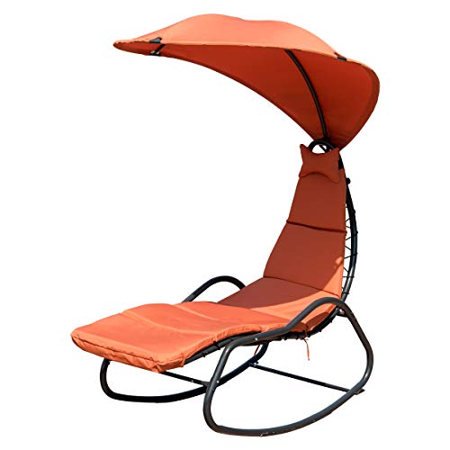 Giantex Chaise Lounge Swing Chair, Outdoor Hammock with Stand and Canopy, Porch Swing w/Soft Cushion Removable Headrest, Outdoor Recliner Rocking Chair for Garden Backyard Poolside (Orange)