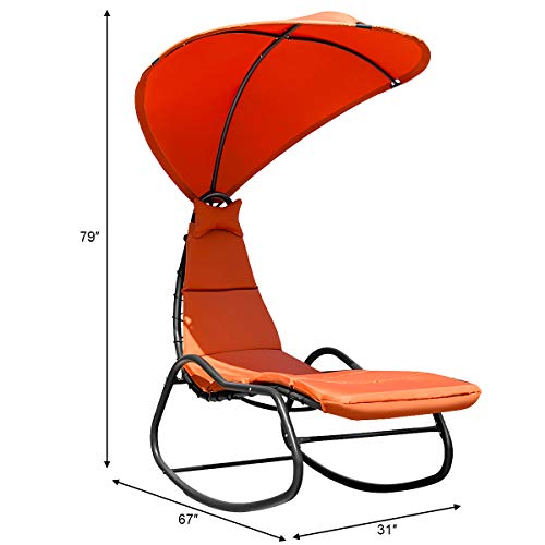 Giantex Chaise Lounge Swing Chair, Outdoor Hammock with Stand and Canopy, Porch Swing w/Soft Cushion Removable Headrest, Outdoor Recliner Rocking Chair for Garden Backyard Poolside (Orange)